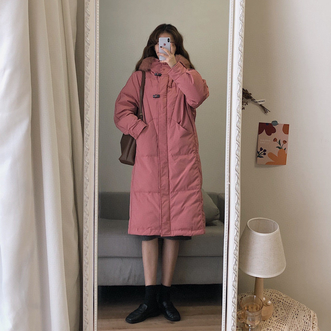 【现货】桃子派。自制 清新甜美减龄牛角扣宽松真毛领羽绒服外套