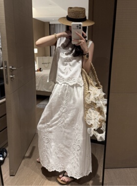 FILLE｜勾花背心长裙套装 度假风刺绣镂空花边上衣半身裙两件套
