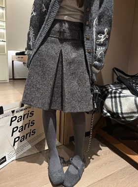 FILLE｜杂点开叉褶中裙 小香风miu系遮肉显瘦复古百搭毛呢半身裙