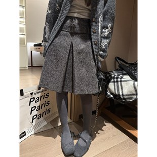 FILLE｜杂点开叉褶中裙 小香风miu系遮肉显瘦复古百搭毛呢半身裙