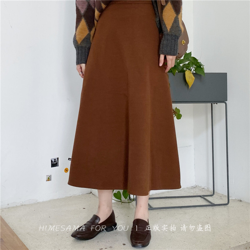 【现货】乌尤尼咖。自制 复古纯色百搭a字伞裙毛呢中长款半身裙女