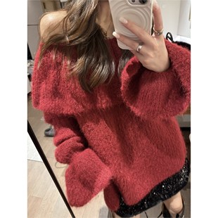 FILLE｜一字领木耳边毛衣 复古氛围感慵懒露肩纯欲羊毛针织上衣