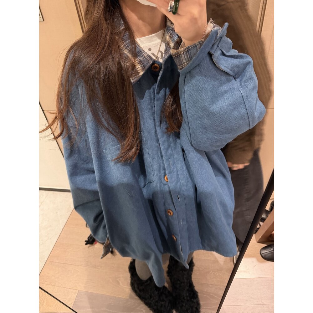FILLE | 格子衬衫棉衣 复古美式学院风大版男友风宽松两面穿外套