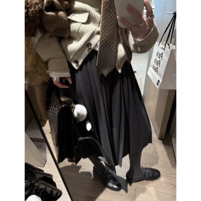 学院风百褶毛呢子高腰半身裙