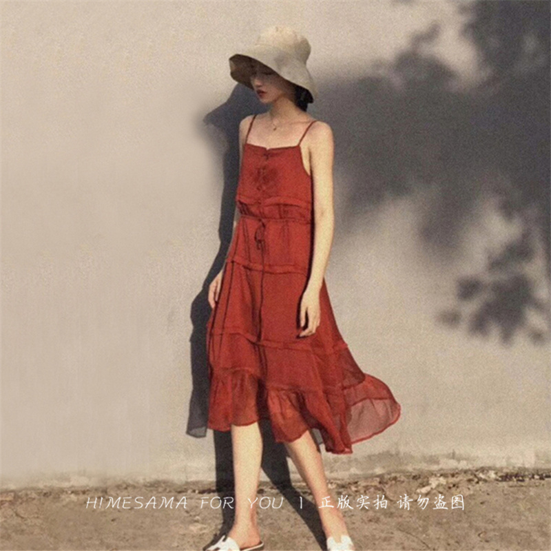 限100000张券Himesama 西红柿裙。自制 复古森系法国小众很仙の打底吊带连衣裙