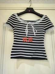 MADEINAM 柔弹伊力特混纺_法式条纹蕾丝花边大圆领针织短袖T恤