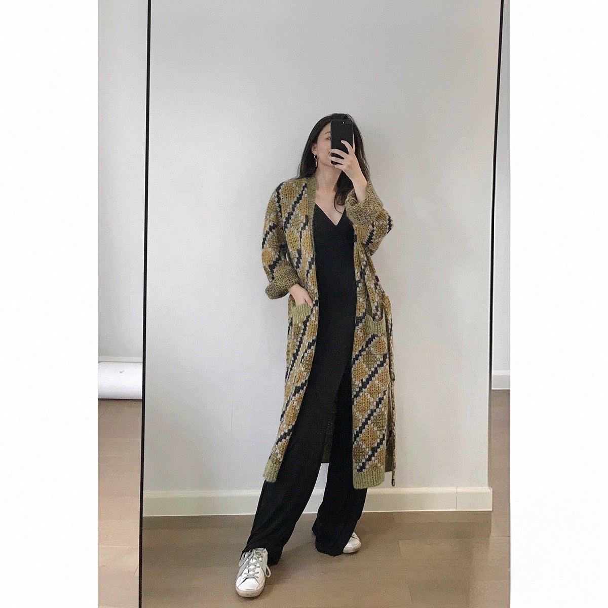 法式长袖时髦感菱形女格马海毛宽毛针织衫