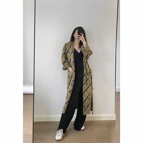 法式长袖时髦感菱形女格马海毛宽松针织开衫外套秋冬季