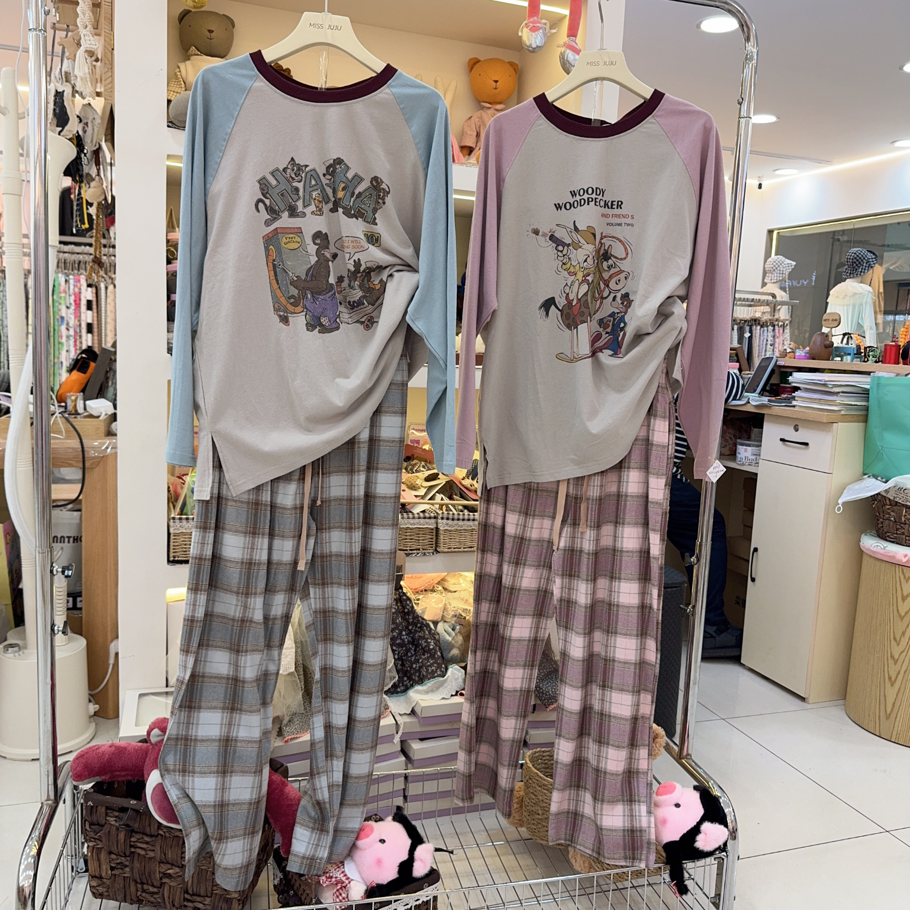 MISSJUJU长袖睡衣女秋冬韩版学生卡通休闲纯棉格子外穿家居服套装