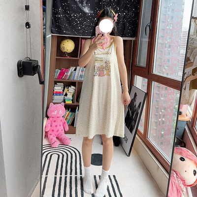 MISSJUJU背心吊带睡裙女夏卡通少女可爱学生中长款无袖条纹家居服