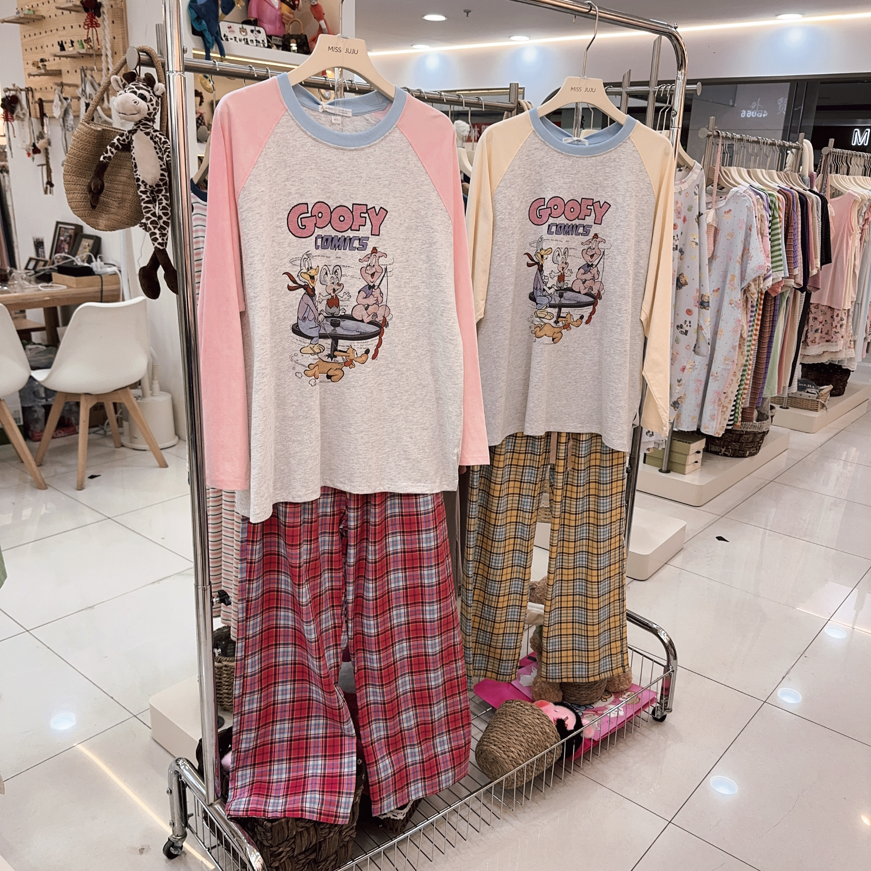 MISSJUJU长袖长裤睡衣女秋冬季圆领可爱少女纯棉格子可外穿家居服