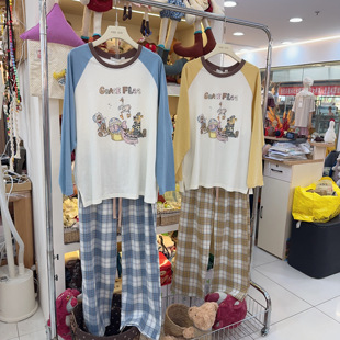 missjuju家居服女秋冬季纯棉磨毛长袖可爱卡通格子睡衣套装可外穿