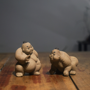 宜人陶 紫砂茶宠相扑运动员宜兴紫砂文玩摆件 全手工可养茶具雕塑