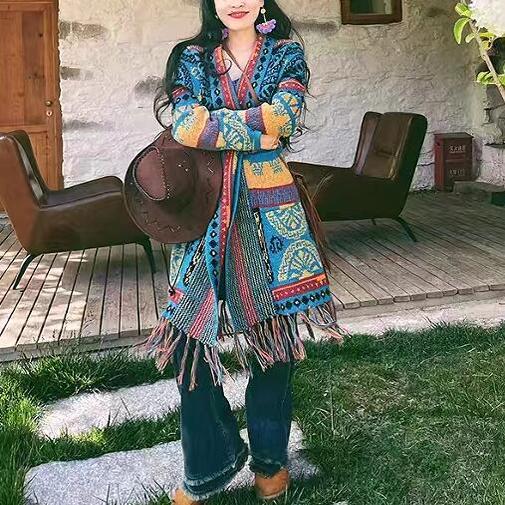 Sweaters Coats毛衣外套民族风开衫中长款上衣鹿毛绒保暖秋冬流苏