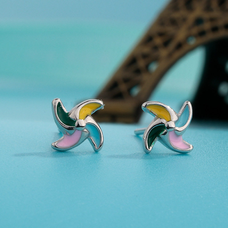 欧美彩色耳环女时尚风车耳钉小巧个性潮流树脂饰品彩色滴油耳饰