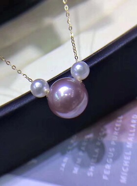 强光淡水珍珠挂坠18K金米奇老鼠珍珠项坠12mm樱花粉紫色珍珠可爱