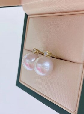 极光淡水珍珠耳钉11mm正圆珍珠耳饰18K金王妃款耳饰强粉光珠气质