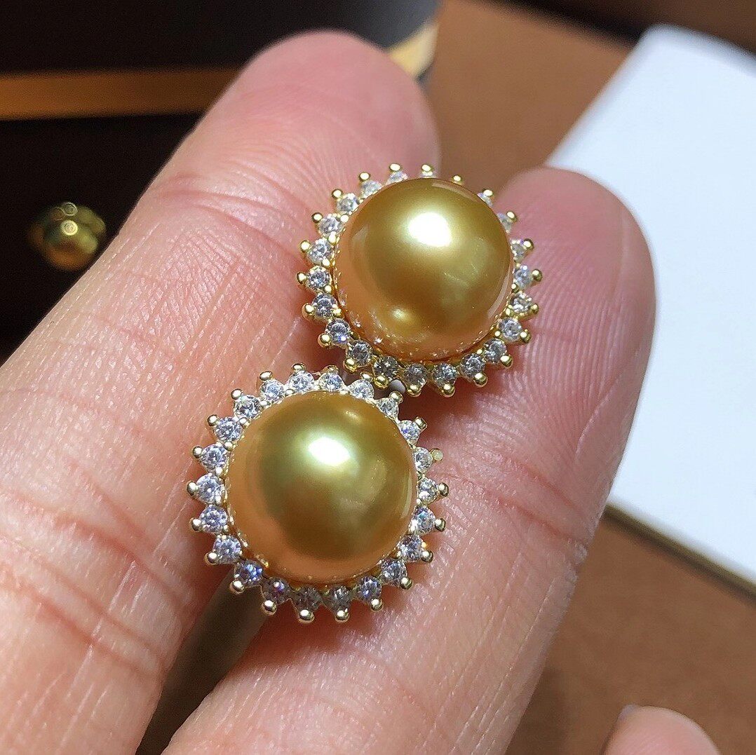 海水金珍珠耳钉9mm正圆茶金色南洋金珠925银太阳花耳饰超高性价比