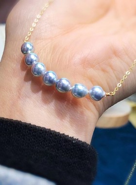 强光真多麻珍珠微笑项坠5mm灰色近圆akoya珍珠925流银平衡木项坠