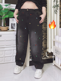 女装 300斤加厚抓绒哈伦牛仔裤 大码 hello胖妞 刺绣减龄宽松老爹裤