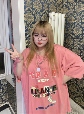 500斤宽松大版卡通印花短袖T恤显瘦遮肉减龄hello胖妞特大码女装