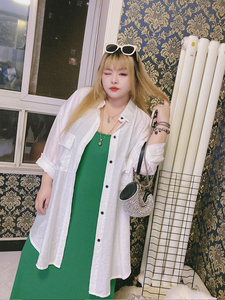 400斤气质遮肉薄款长袖衬衫夏防晒显瘦中长款hello胖妞特大码女装