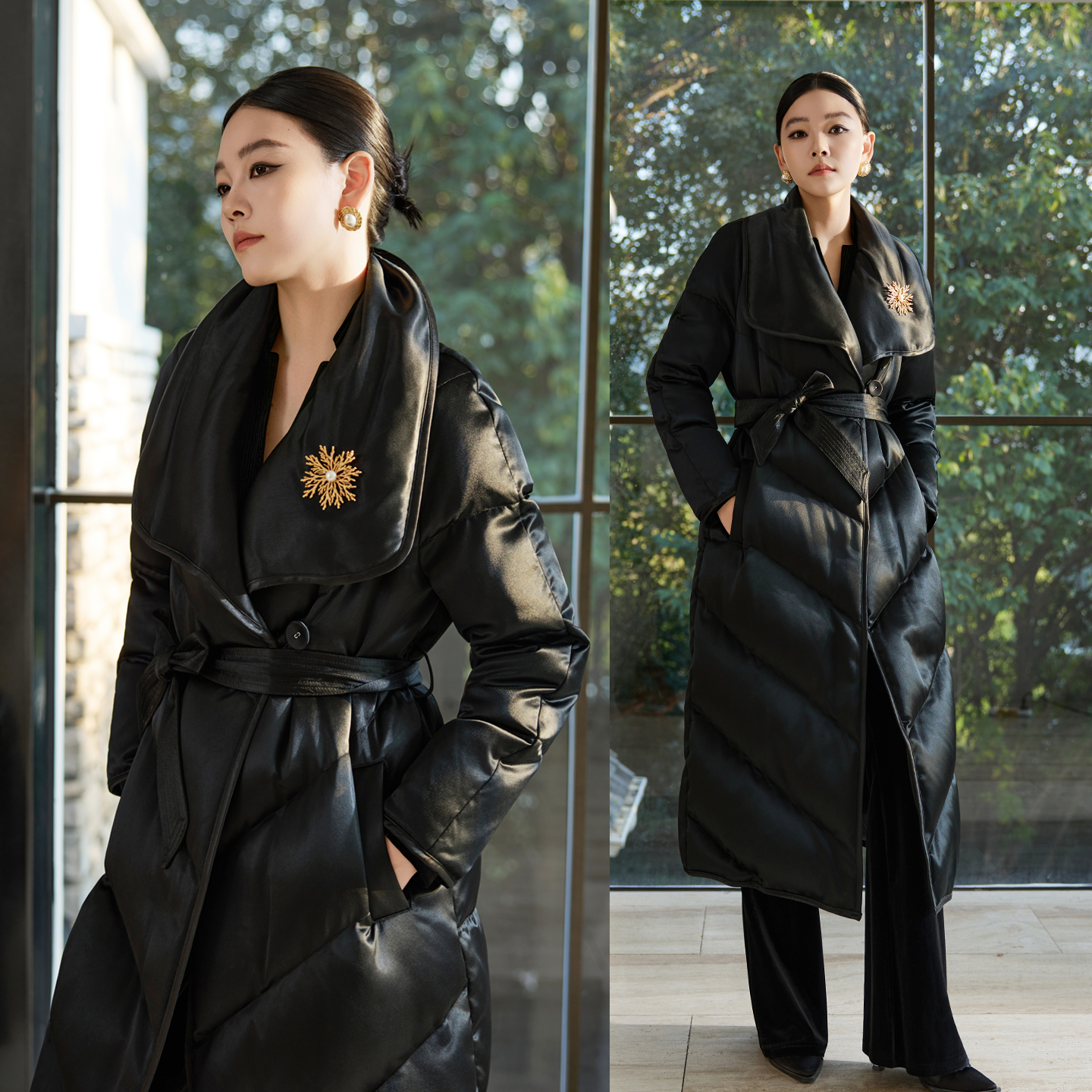 高端醋酸鹅绒服女收腰显瘦过膝长款羽绒服一又几木2025冬季厚外套