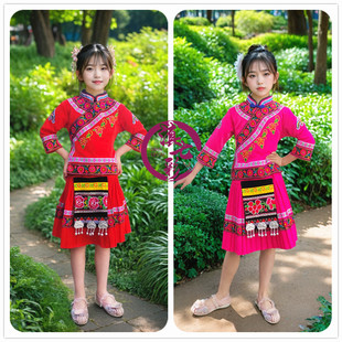 儿童少数民族布依族土家族苗族太阳花女童套装服饰彝族演出服短裙