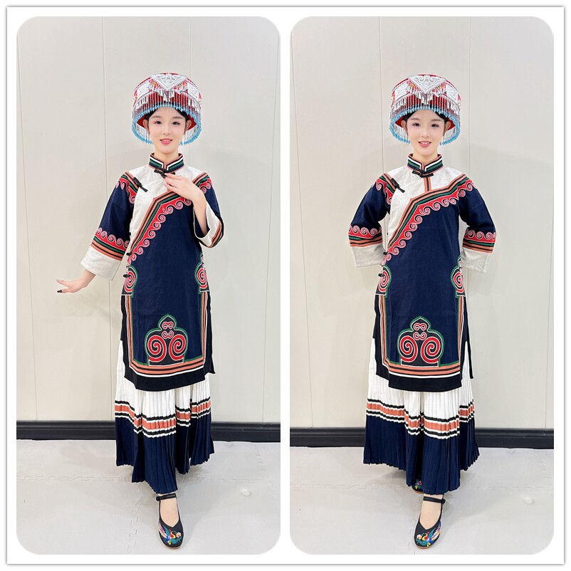 彝族服装女款长裙套装藏青色厚棉麻生活装土布大凉山彝族服装