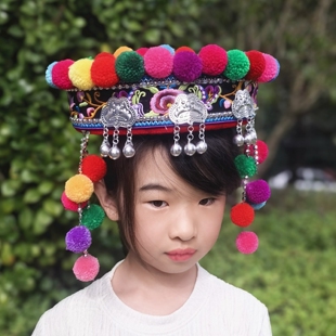 小孩毛球三银锁帽瑶族拉祜族哈尼族女童帽子民族服装配饰绣花帽