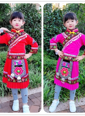 新款贝壳女童装云南民族服装羌族傈僳族女童套装玫红大红色两件套
