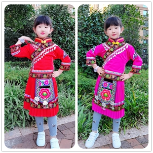 新款贝壳女童装云南民族服装羌族傈僳族女童套装玫红大红色两件套