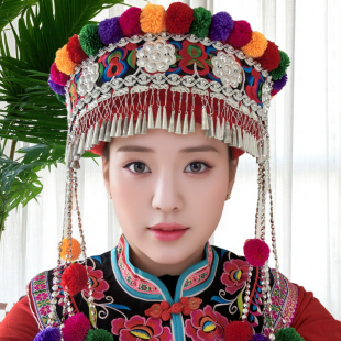 双层帽圈绣花毛球帽2025秋季新款少数民族哈尼族拉祜族女帽蝴蝶花