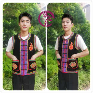 黑色口袋祥云男马甲火黑色平绒牛头马甲少数民族彝族男马甲百搭