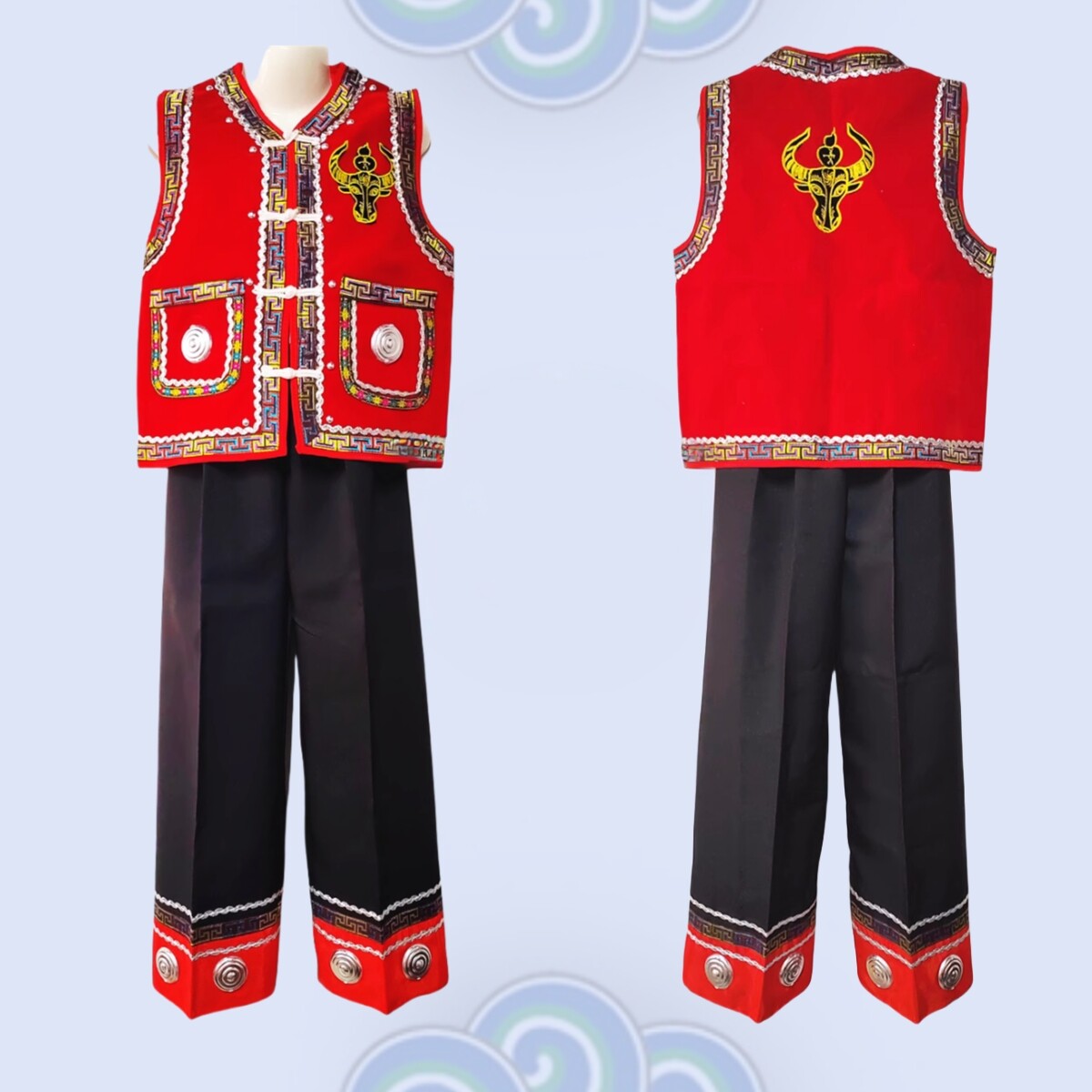 火把节服饰佤族男装男童套装长裤牛头瓦套装红马甲黑色裤子亲子款