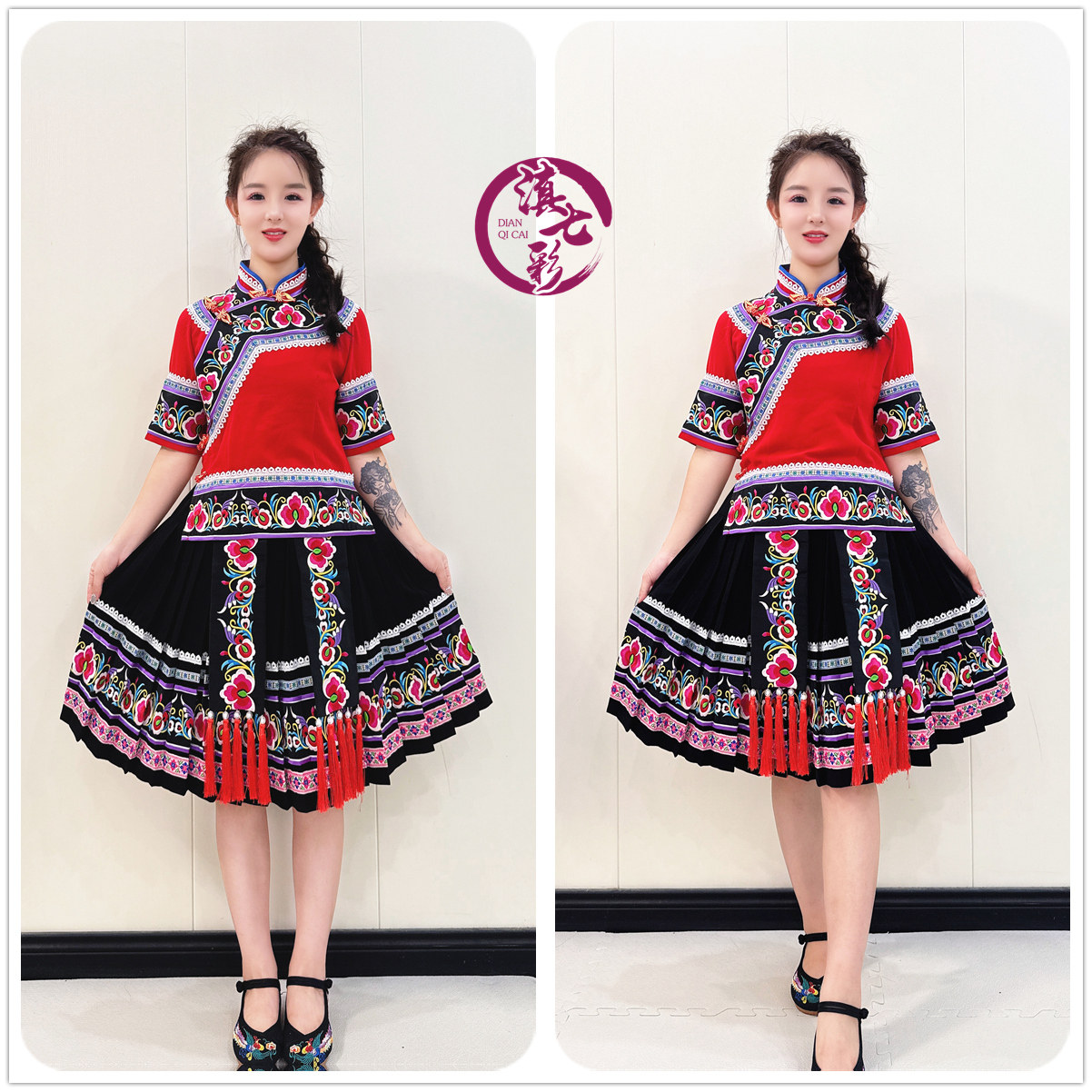 短袖凤尾花刺绣女装飘带绣花裙子套装原创设计彝族左脚舞服火把节