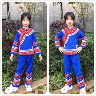儿童粗线绣花小套装宝蓝色彝族女童装衣服裤子装高档长丝面料