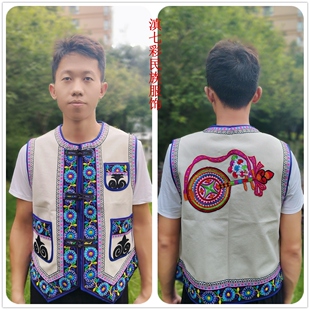 滇七彩帆布绣花尖角马甲尖角喇叭花石榴花马夹云南民族风男女马褂