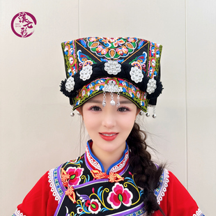 云南贵州布依族瓦盖帽桃心素线绣花铃铛佤盖帽少数民族服装配饰