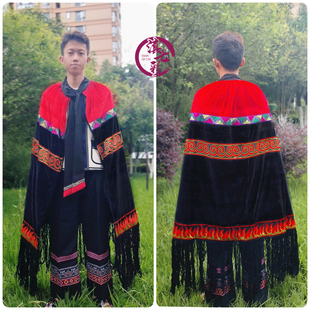 男士擦尔瓦秋冬款彝族红肩披风火把节服饰民族男装斗篷男舞蹈服装