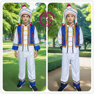 云南大理白族男装成人白衣蓝马甲三件套少数民族服装蓝色须须帽