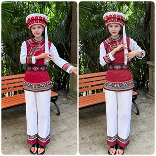 滇七彩2025新款酒红色白族女装绣花白族女套装上衣裤子围腰三件套