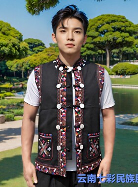 薄款黑帆布佤族男哈尼族男马甲