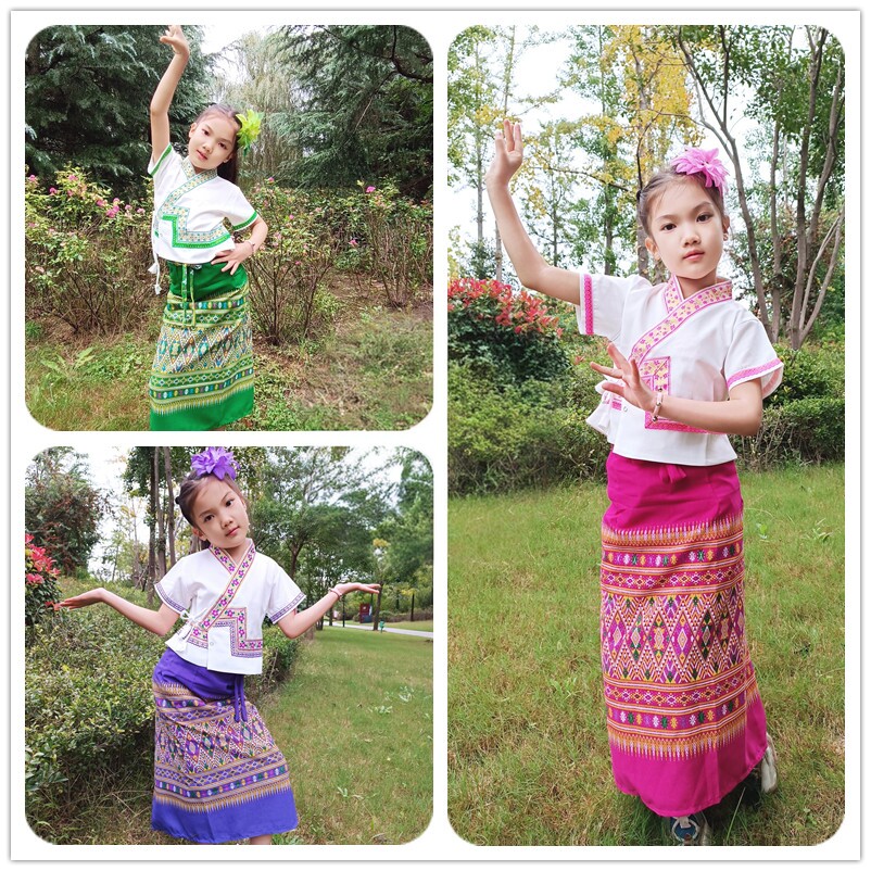 滇七彩女童傣族服装民族舞短袖棉