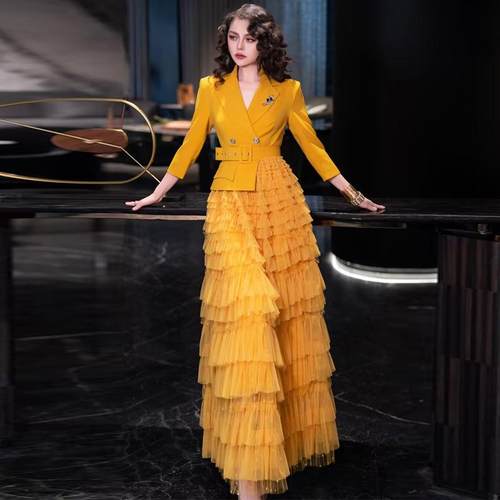 假两件西装领高端网纱长裙子