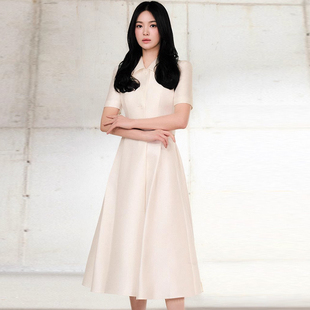 高雅女神宋慧乔同款珠光短袖收腰显瘦捏褶伞摆裙礼服日常连衣裙