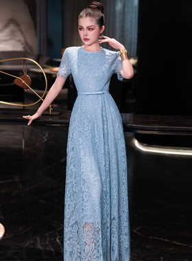 欧洲站2025年春夏季新款高级感蓝色蕾丝短袖连衣裙大牌晚宴长礼服