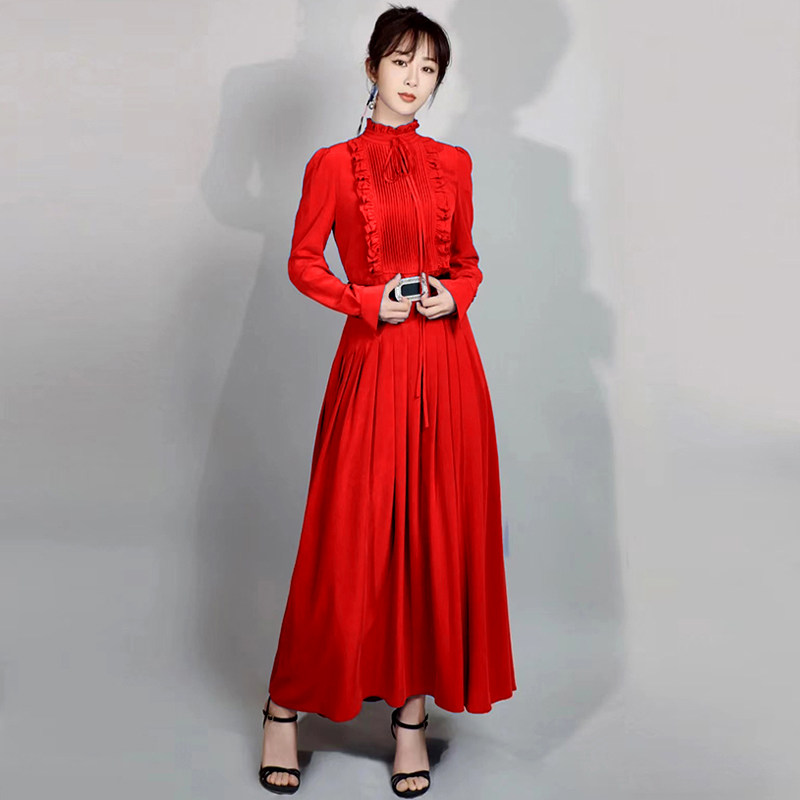 杨紫明星同款2023年春夏惊艳压褶大摆显高显瘦宴会敬酒礼服连衣裙