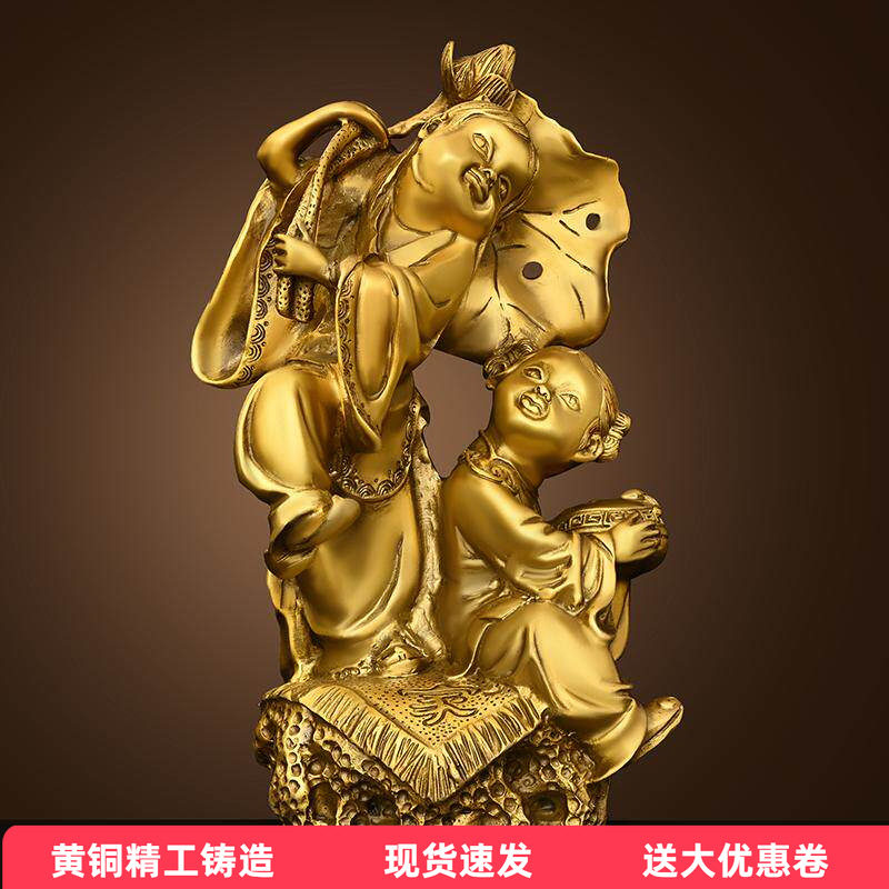 纯黄铜和合二圣摆件家居装饰礼品