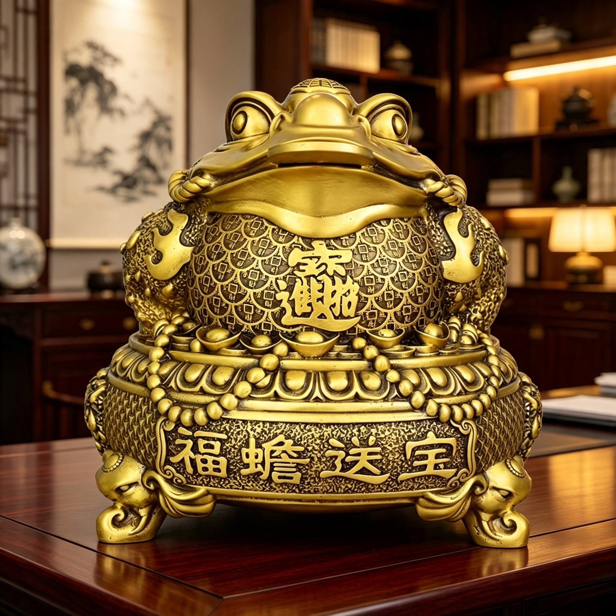 黄铜金蟾摆件聚宝盆金蟾大号三足金蝉家居办公室桌面开业礼品蟾王